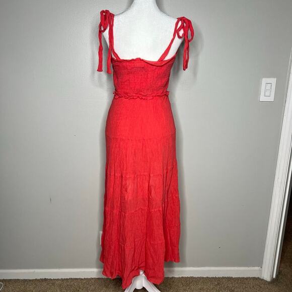 SLD Women's Coral Smocked Tiered Maxi Dress Tie Straps Size Medium Santorini - Picture 6 of 7